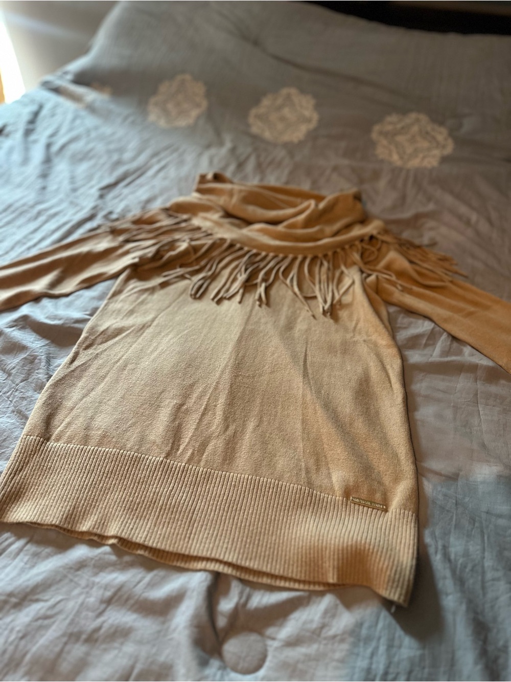 Michael Kors Beige Fringe Cowl Neck Sweater